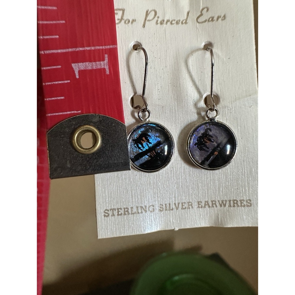 Vintage Morpho Butterfly Wing Sterling Silver Ear Hooks, New Old Stock Earrings - Picture 7 of 7